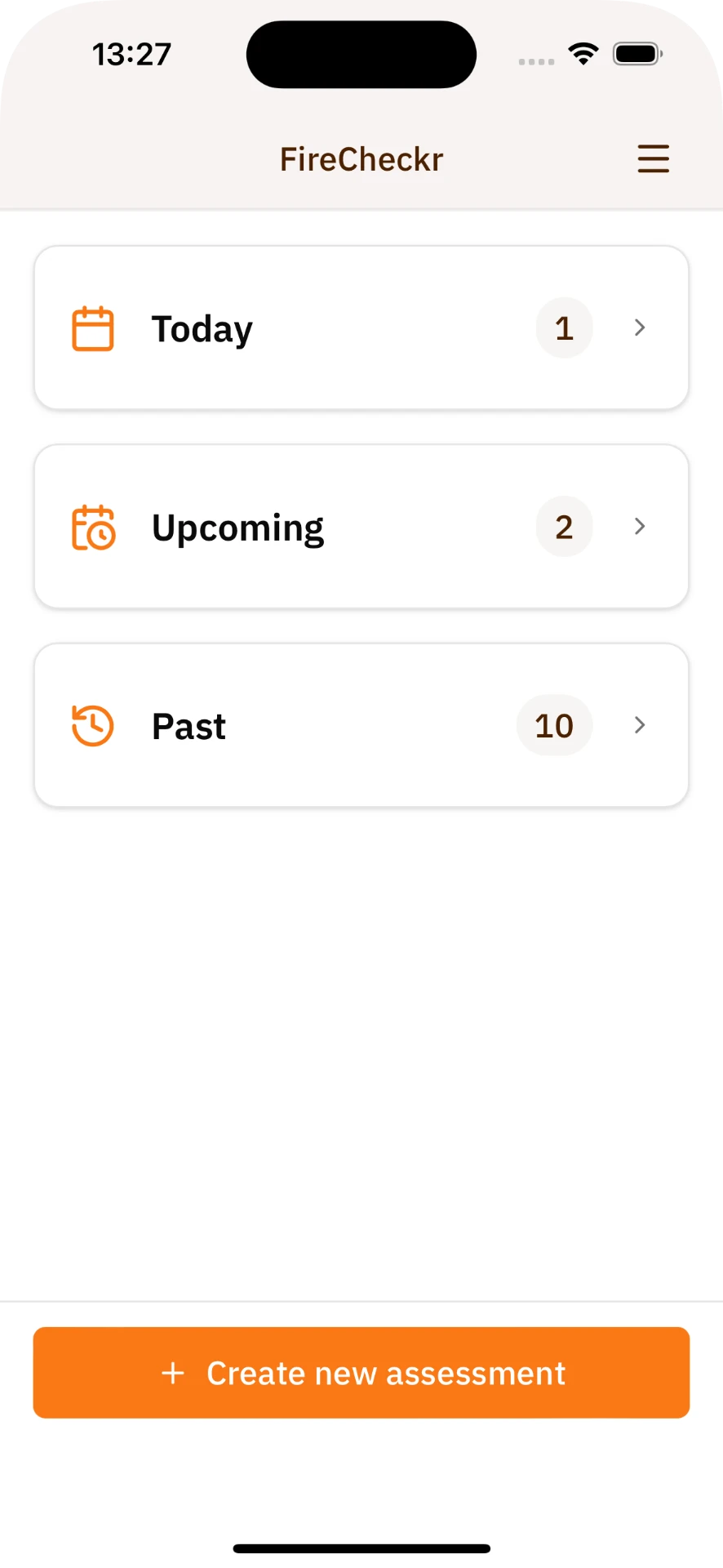 FireCheckr mobile dashboard showing today, upcoming and past assessments