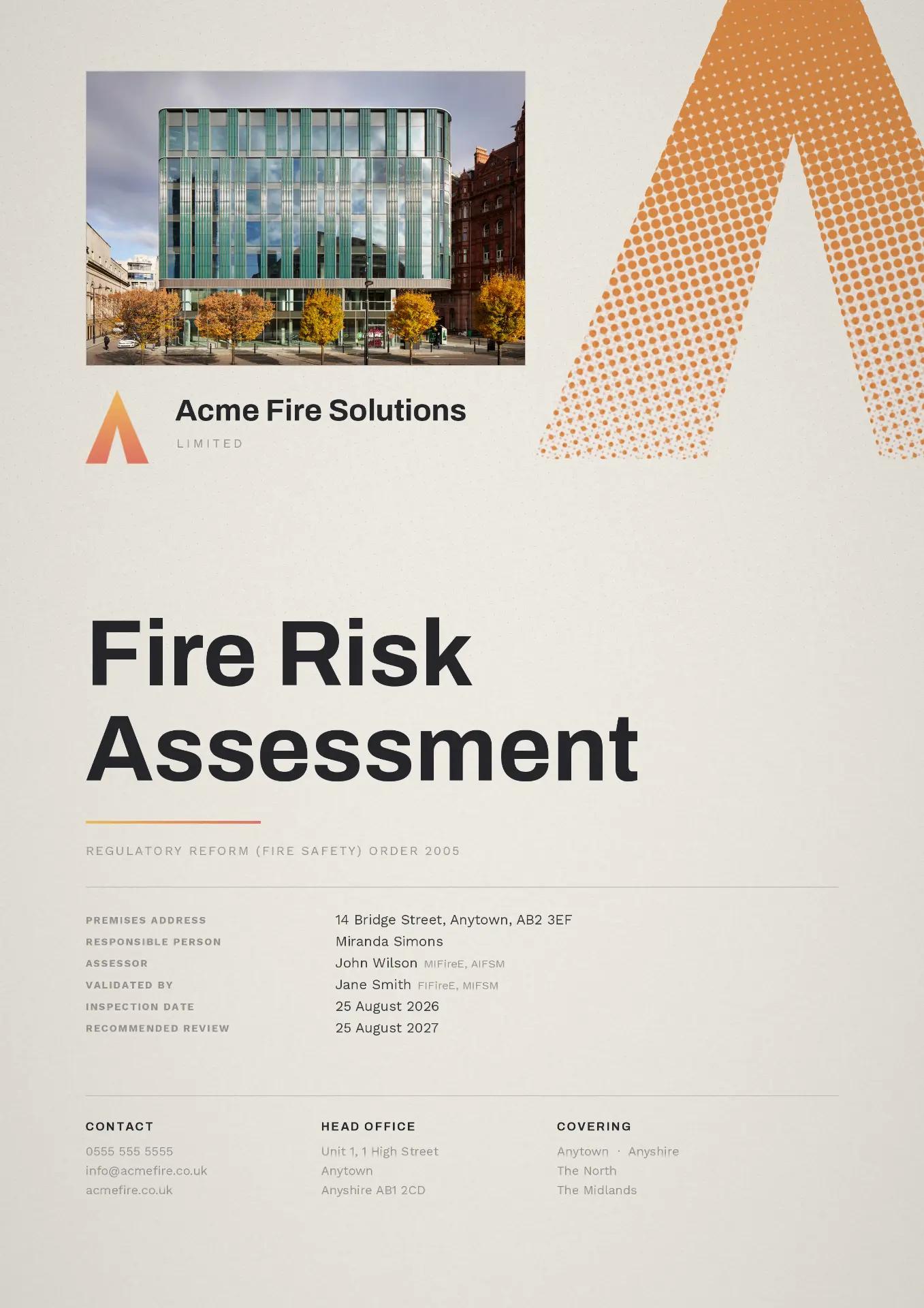 Branded fire risk assessment report cover page